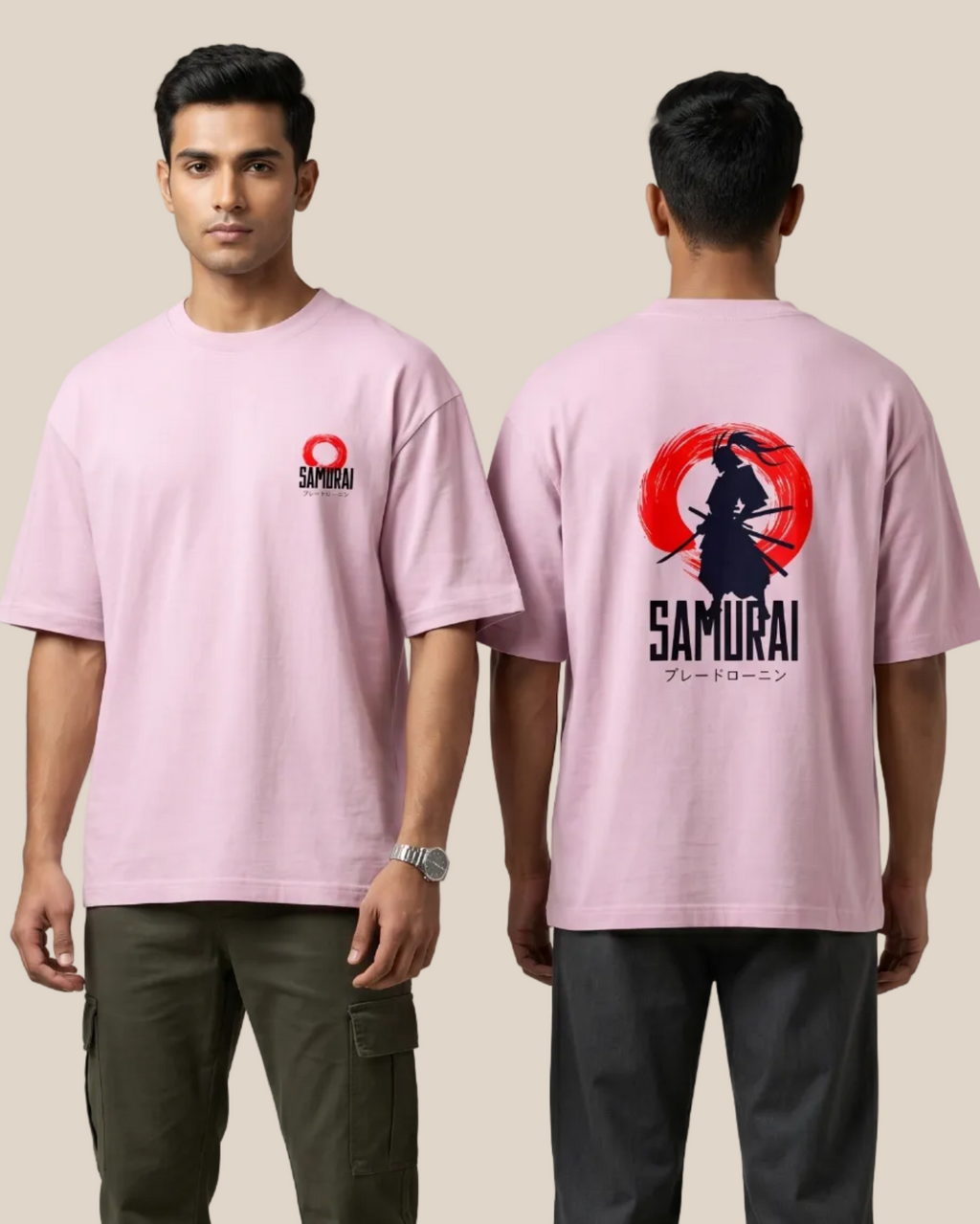 Person wearing a pink t-shirt with a Samurai design on the back, standing against a plain background.
