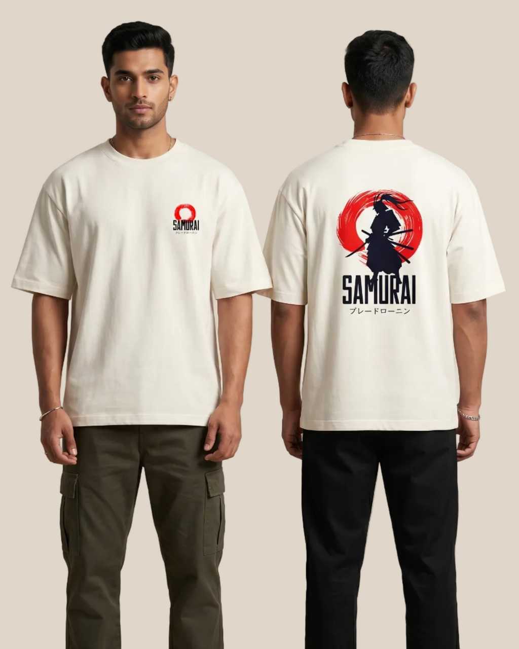 Person wearing a white t-shirt with a 'Samurai' design on a beige background
