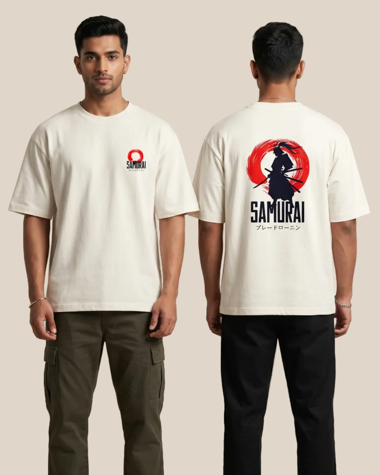 Person wearing a white t-shirt with a 'Samurai' design on a beige background