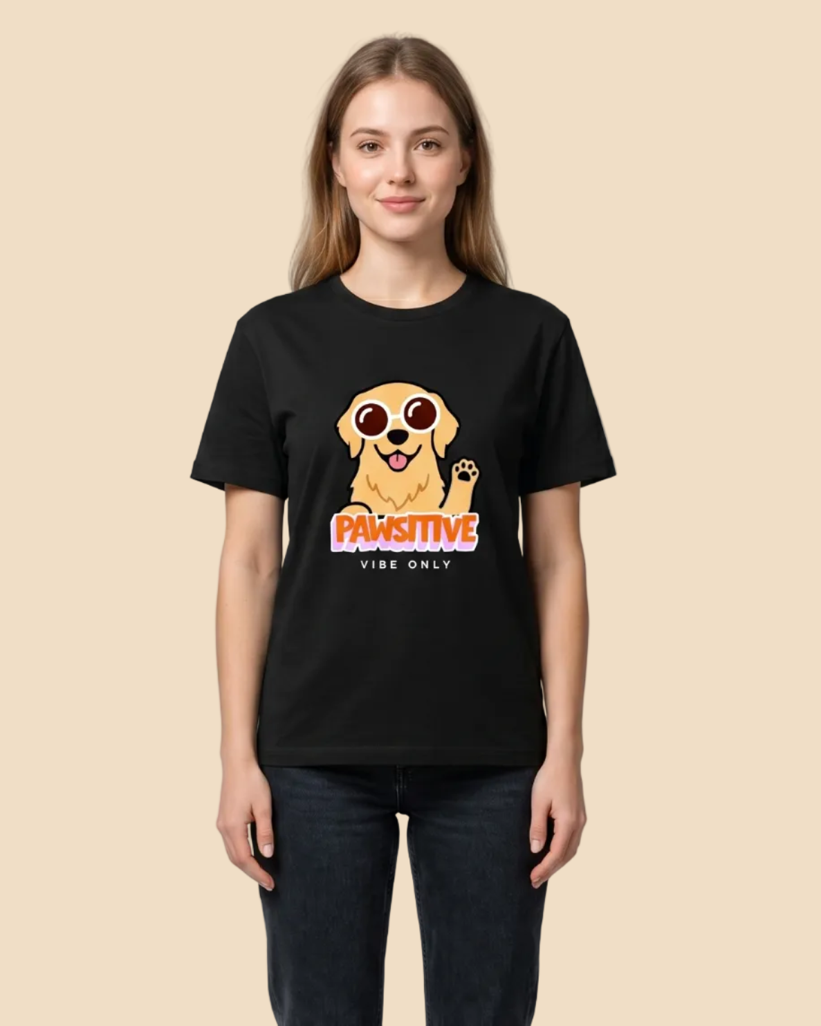 Person wearing a black t-shirt with a graphic design on a plain background