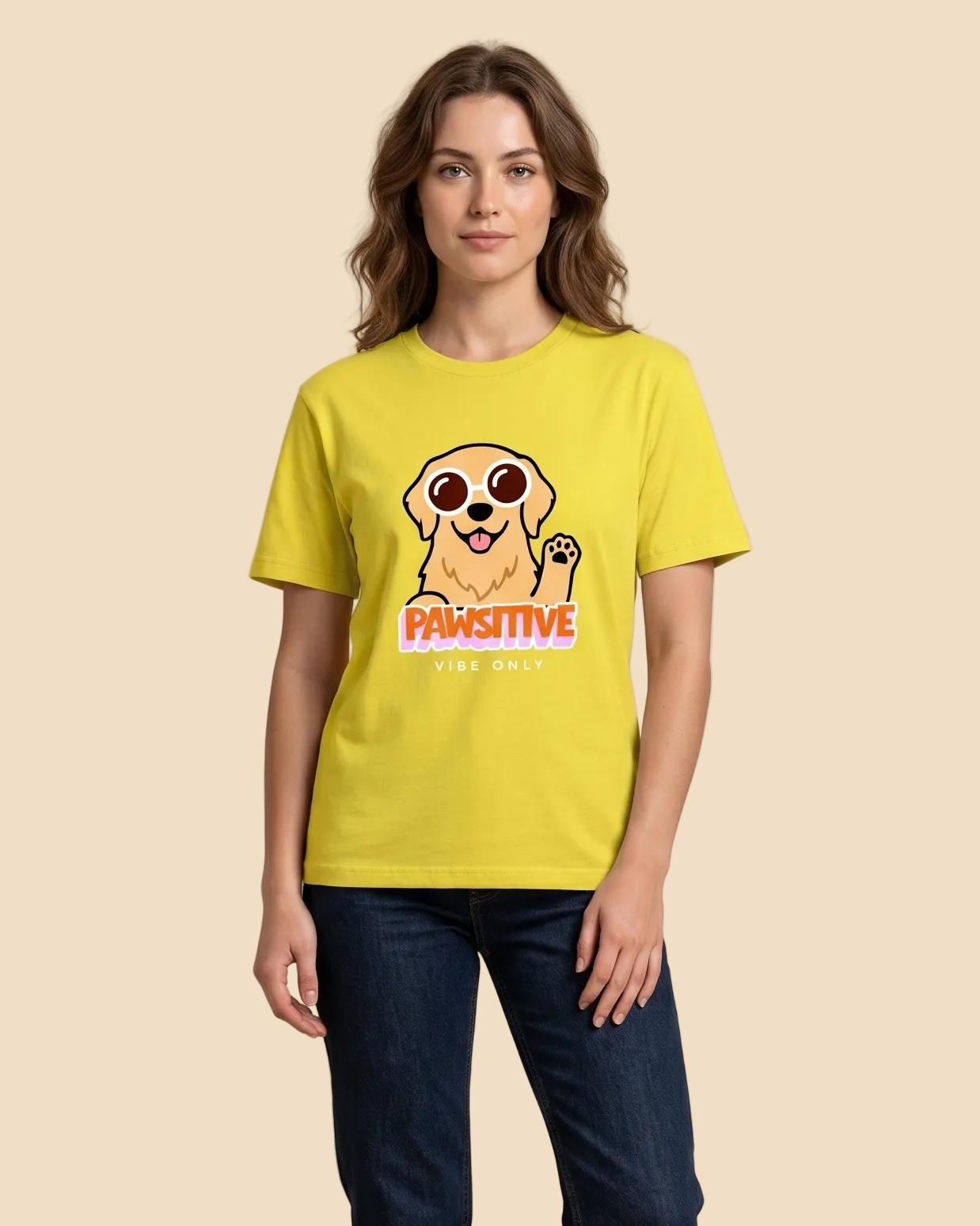 Person wearing a yellow t-shirt with a dog graphic and text on a beige background