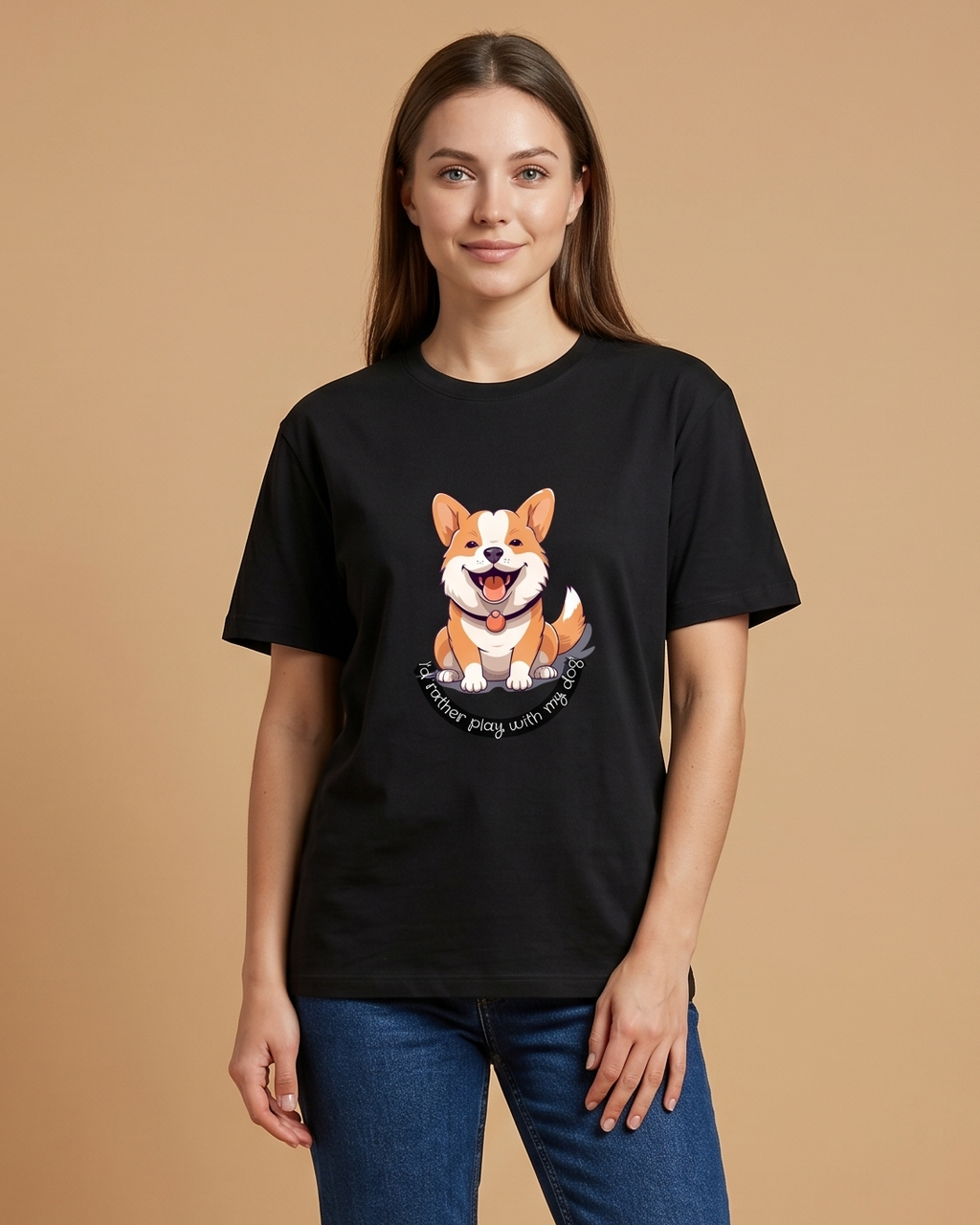 Woman wearing a black t-shirt with a dog graphic on a beige background