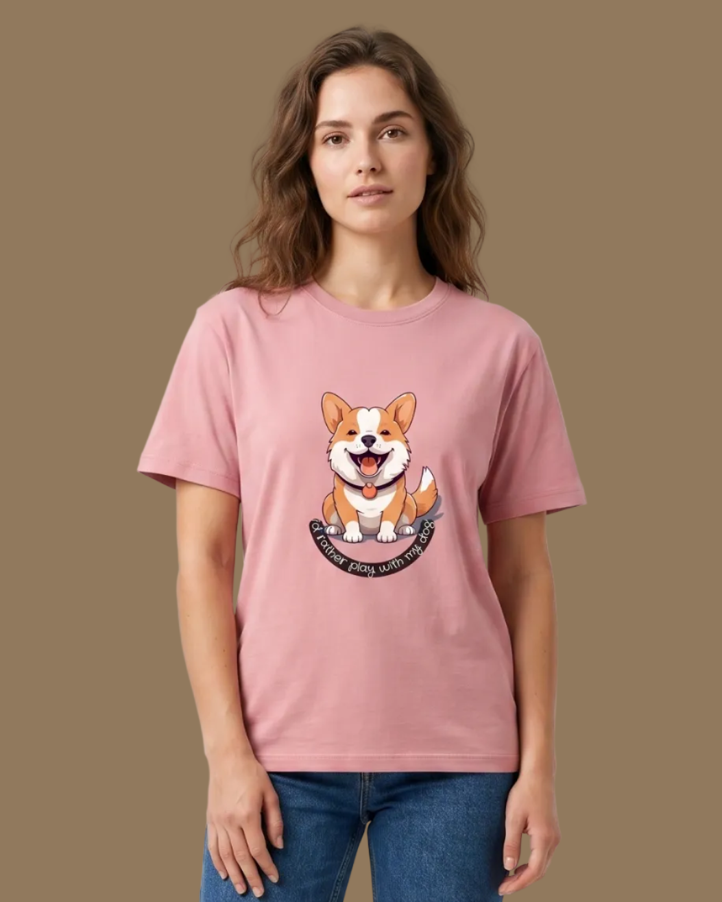 Woman wearing a pink t-shirt with a dog graphic and blue jeans on a beige background