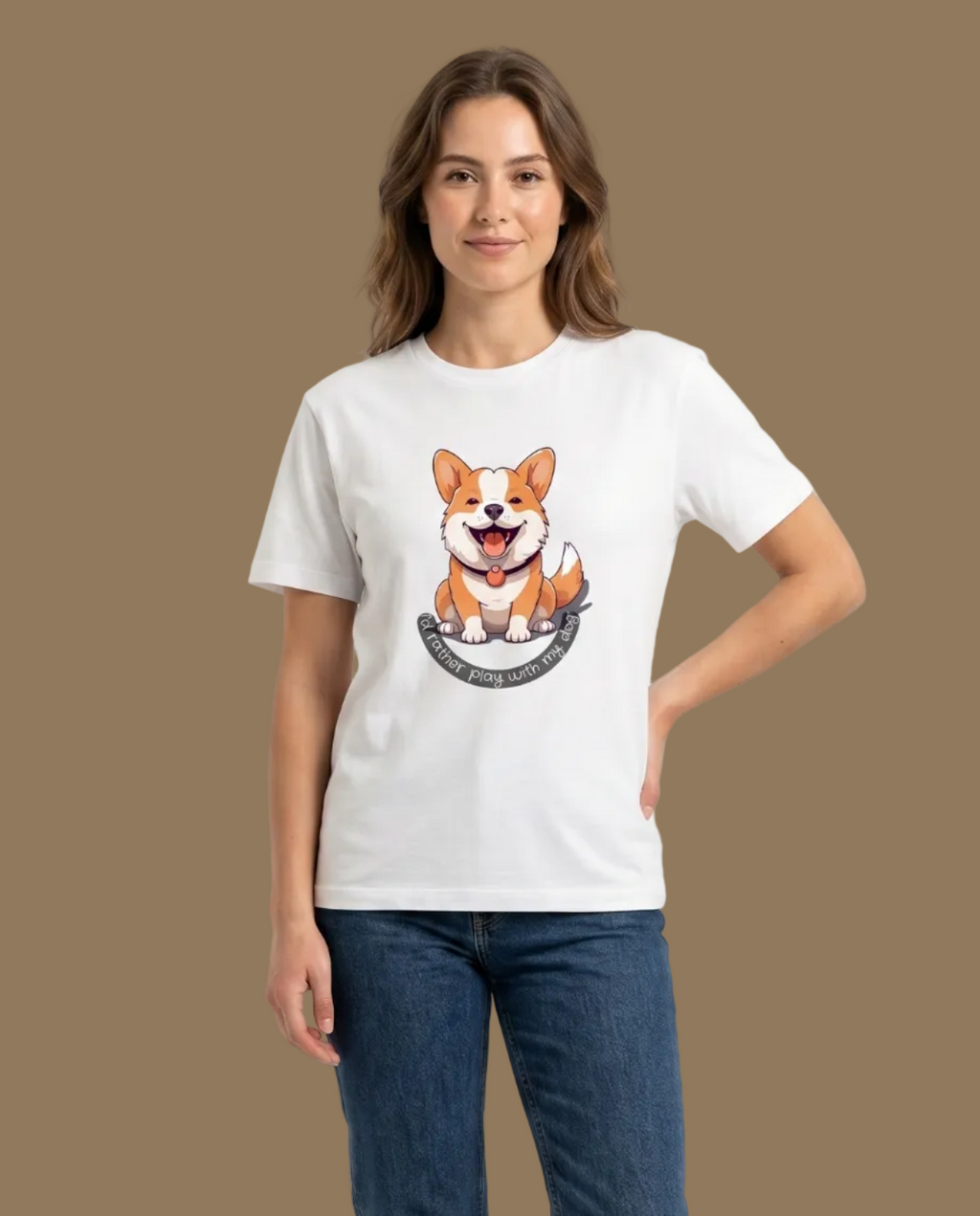 Person wearing a white t-shirt with a dog graphic and blue jeans on a plain background