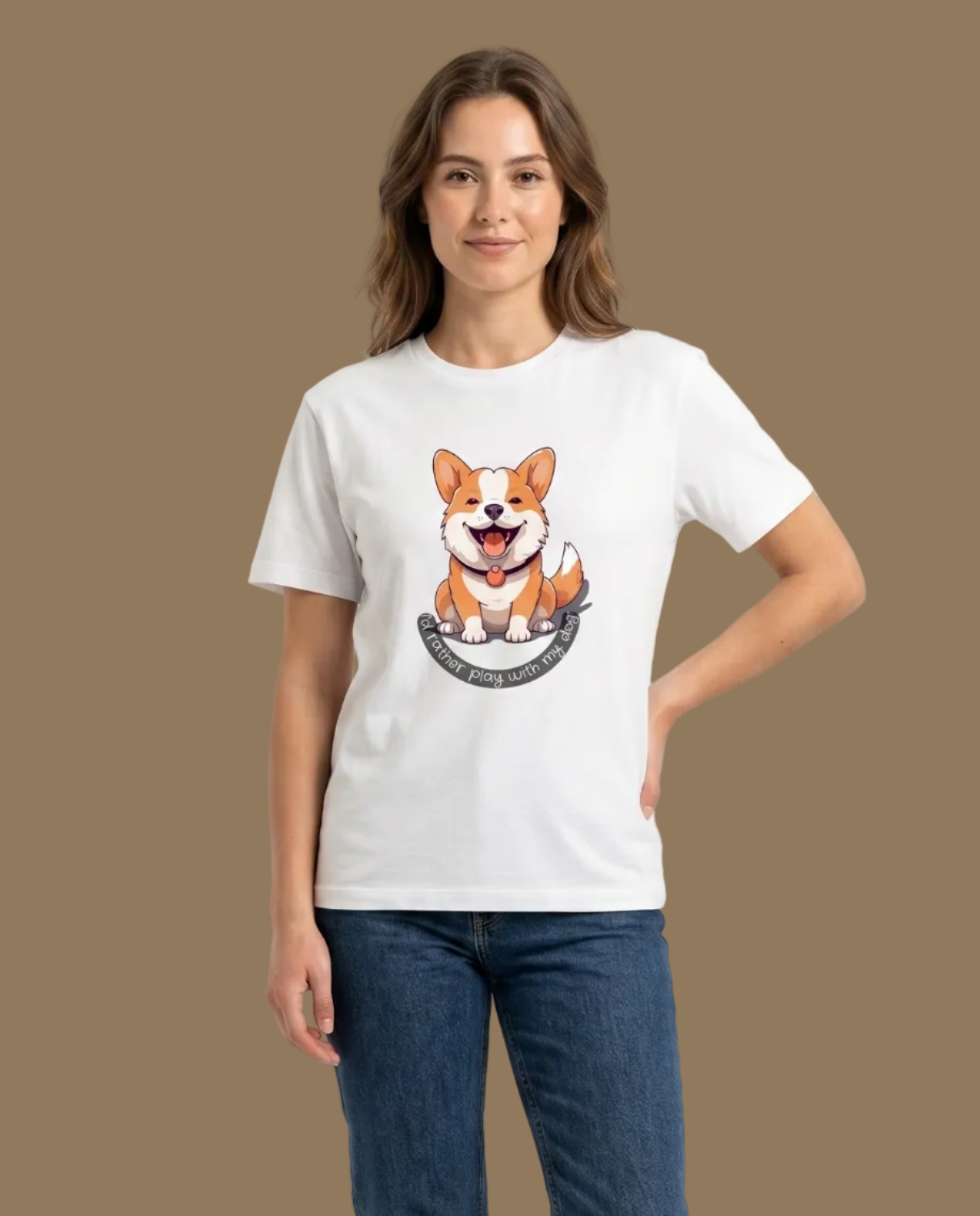 Person wearing a white t-shirt with a dog graphic and blue jeans on a plain background