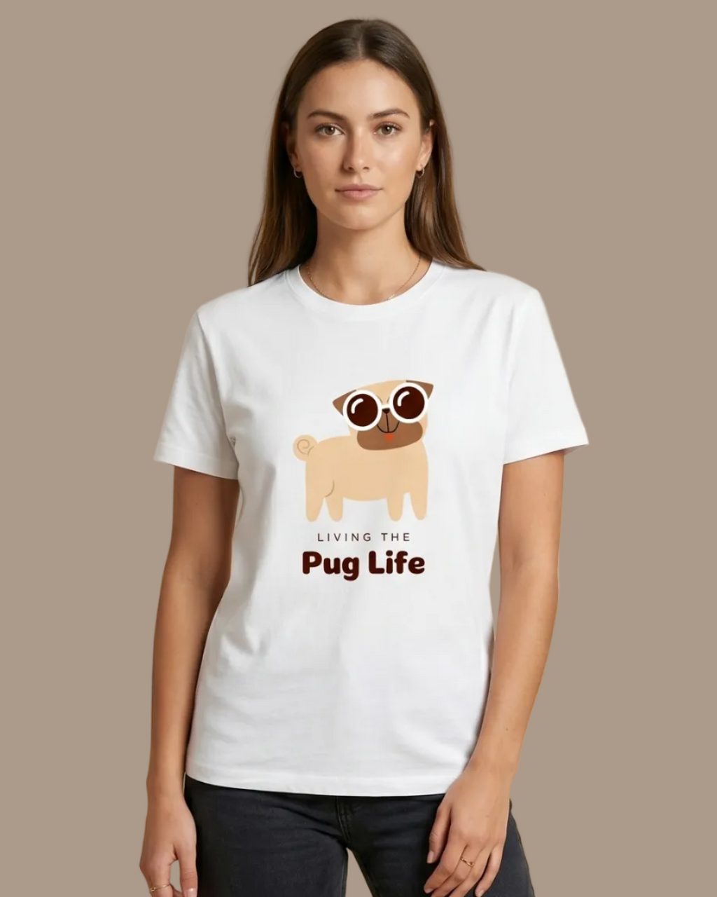 Person wearing a white t-shirt with a pug graphic and 'Pug Life' text on a beige background