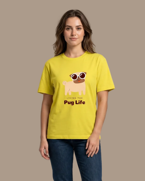 Women wearing a yellow t-shirt with a pug graphic and text on a plain background