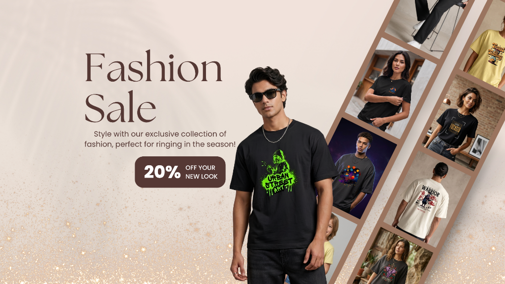 Fashion sale advertisement with a man wearing a black t-shirt with green text, surrounded by images of people wearing similar t-shirts.