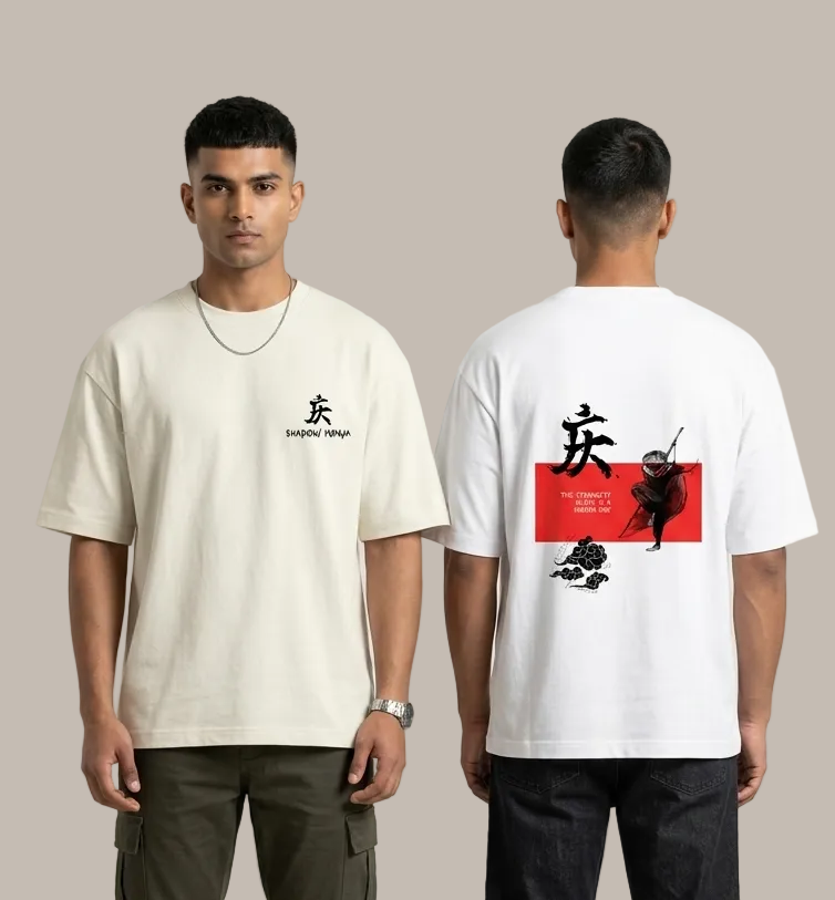 Two people wearing white t-shirts with different designs, one with text and the other with a graphic, standing side by side.