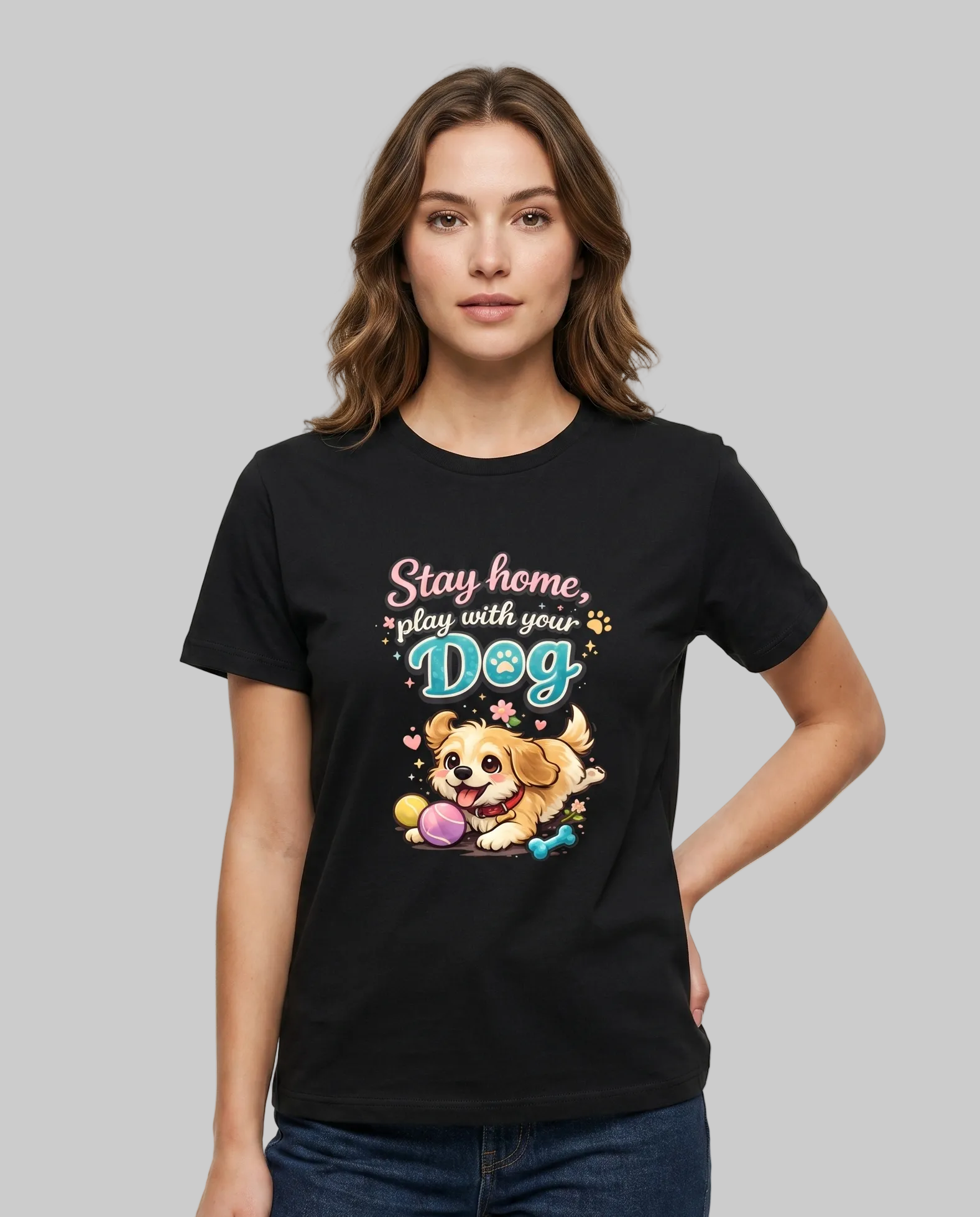 Woman wearing a black t-shirt with a dog graphic and text on a white background