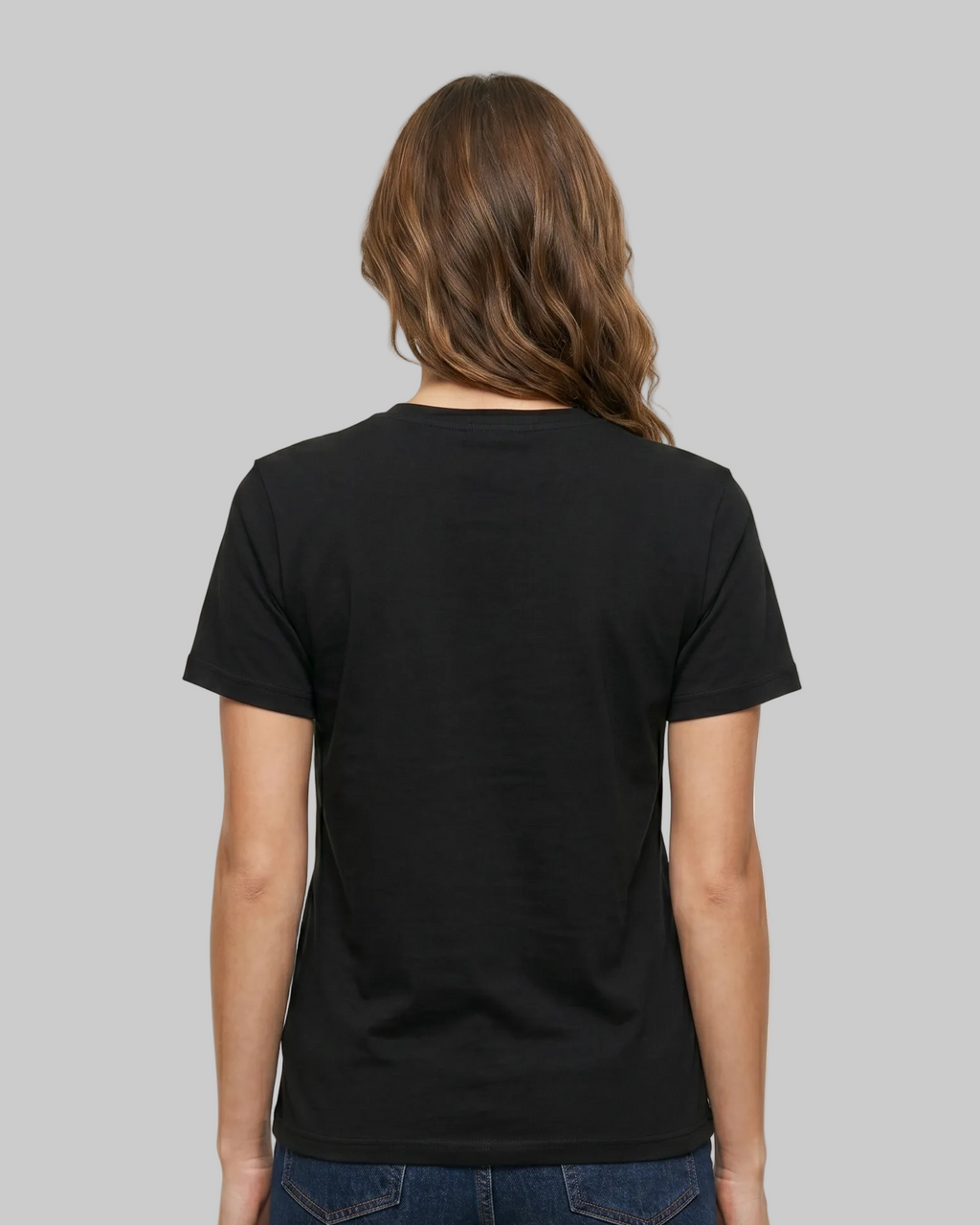 Person wearing a black t-shirt on a white background