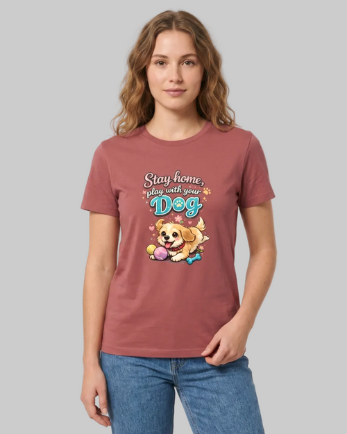 Woman wearing a maroon t-shirt with a graphic and text on a white background