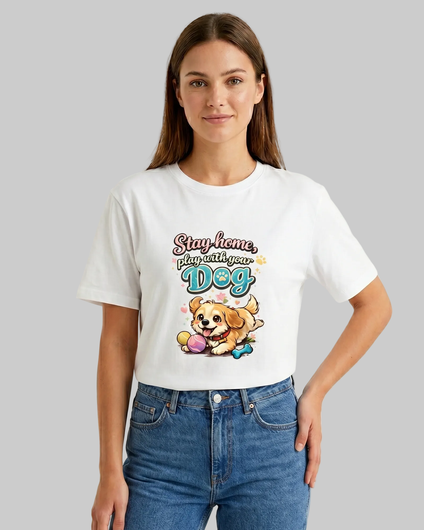 Person wearing a white t-shirt with a graphic design and text, standing against a plain background