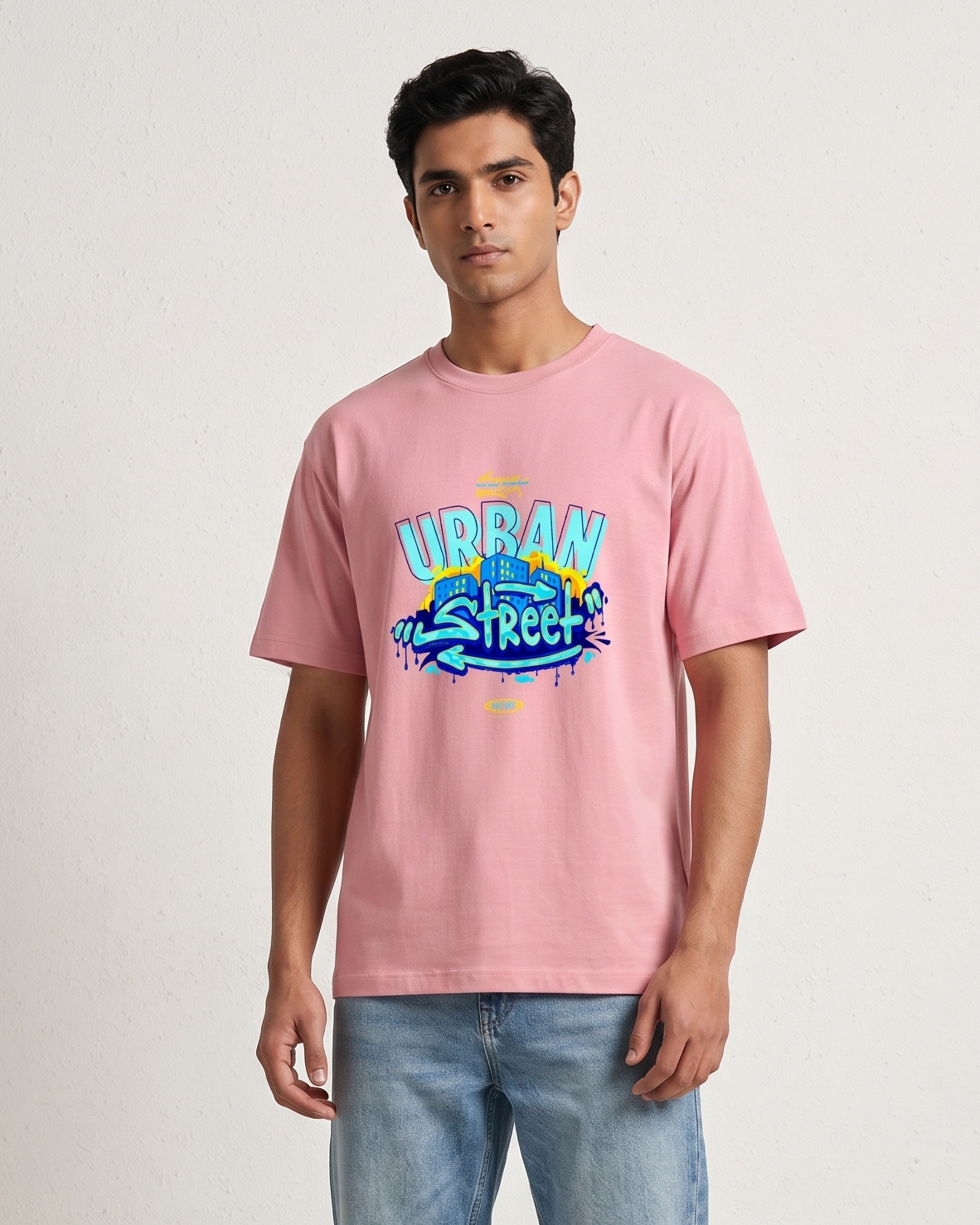 Person wearing a pink 'Urban Street' t-shirt and blue jeans on a white background