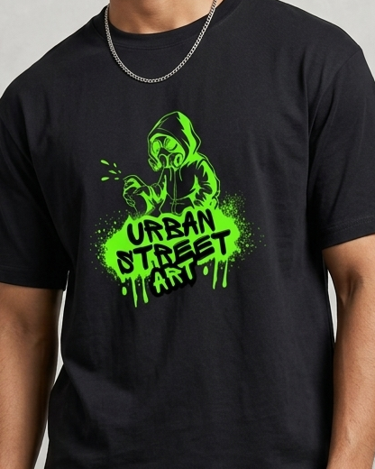 Person wearing a black t-shirt with green graphic design on a gray background