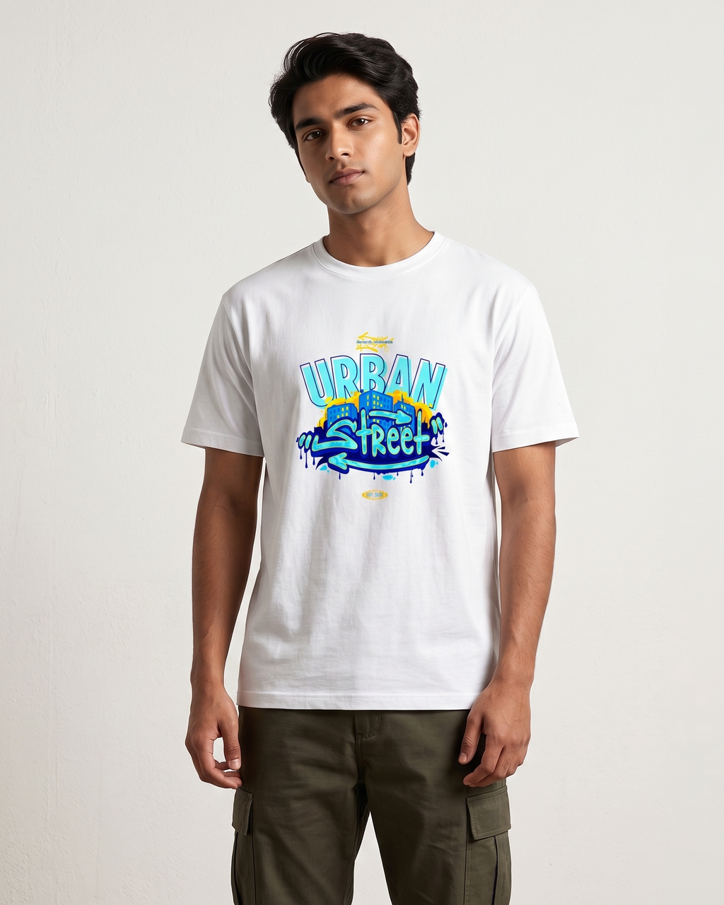 Person wearing a white t-shirt with 'Urban Street' graphic design on a plain background
